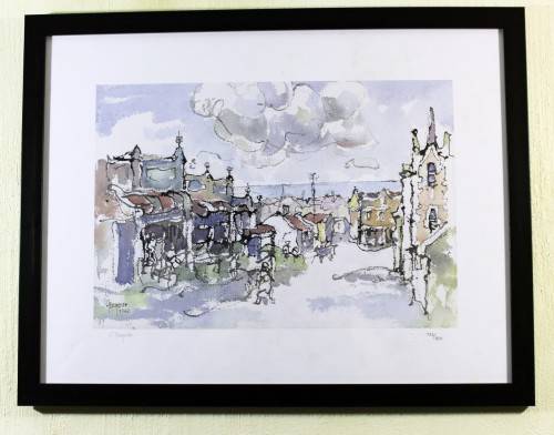 Gregoire Boonzaier  - Street scene with ocean - A beautiful signed litho print! Low price, bid now!