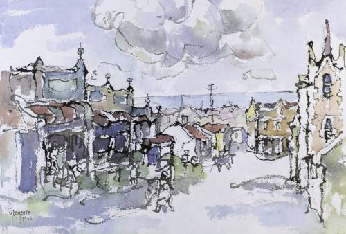 Gregoire Boonzaier  - Street scene with ocean - A beautiful signed litho print! Low price, bid now!