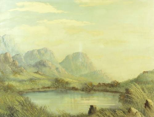 J Kumst - Mountains and pond - An old oil painting! - Giveaway price! - Bid now!!