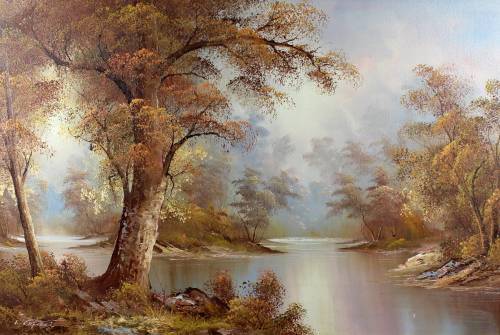 I Cofert - River scene with large tree - A beautiful oil painting - Bid now!