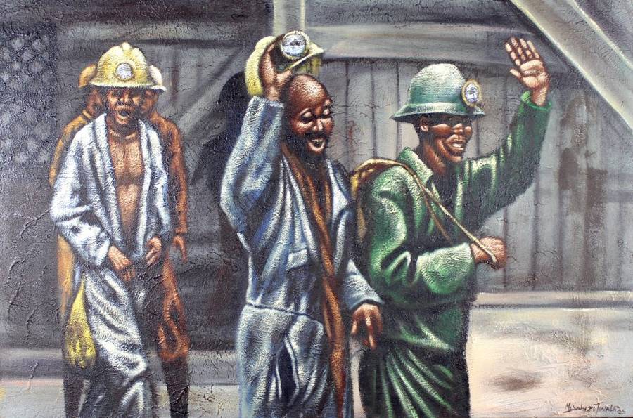 Mduduzi Twala - Miners - Oil on canvas - 90cm x 60cm - Stunning! - Bid now!!