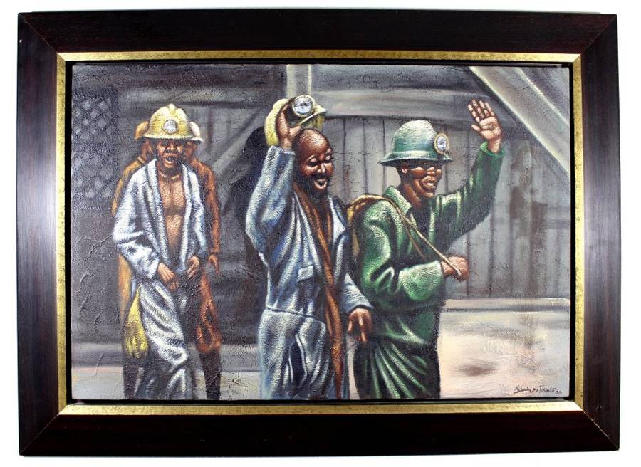 Mduduzi Twala - Miners - Oil on canvas - 90cm x 60cm - Stunning! - Bid now!!