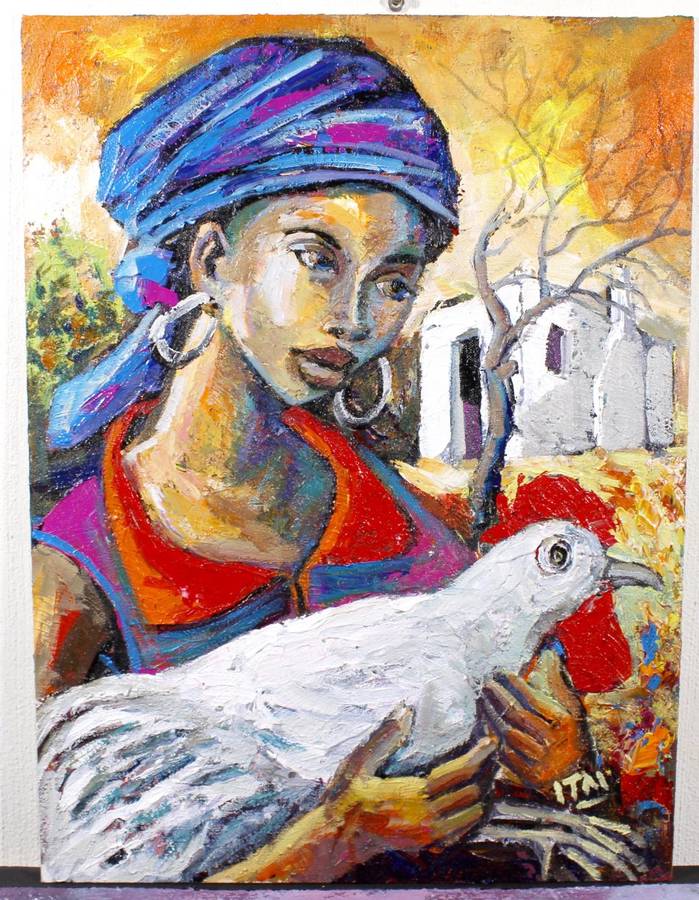 Itai Vangani - Lady with a chicken - A beautiful treasure! - Vibrant and captivating! - Bid now!!