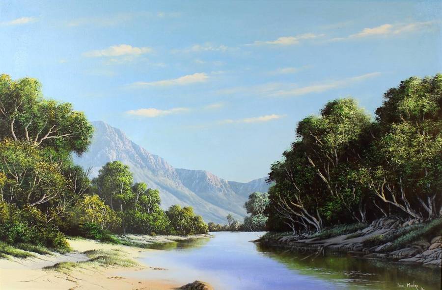 Paul Munro - Landscape with river and mountains - Investment art!! Bid now! *Free courier!