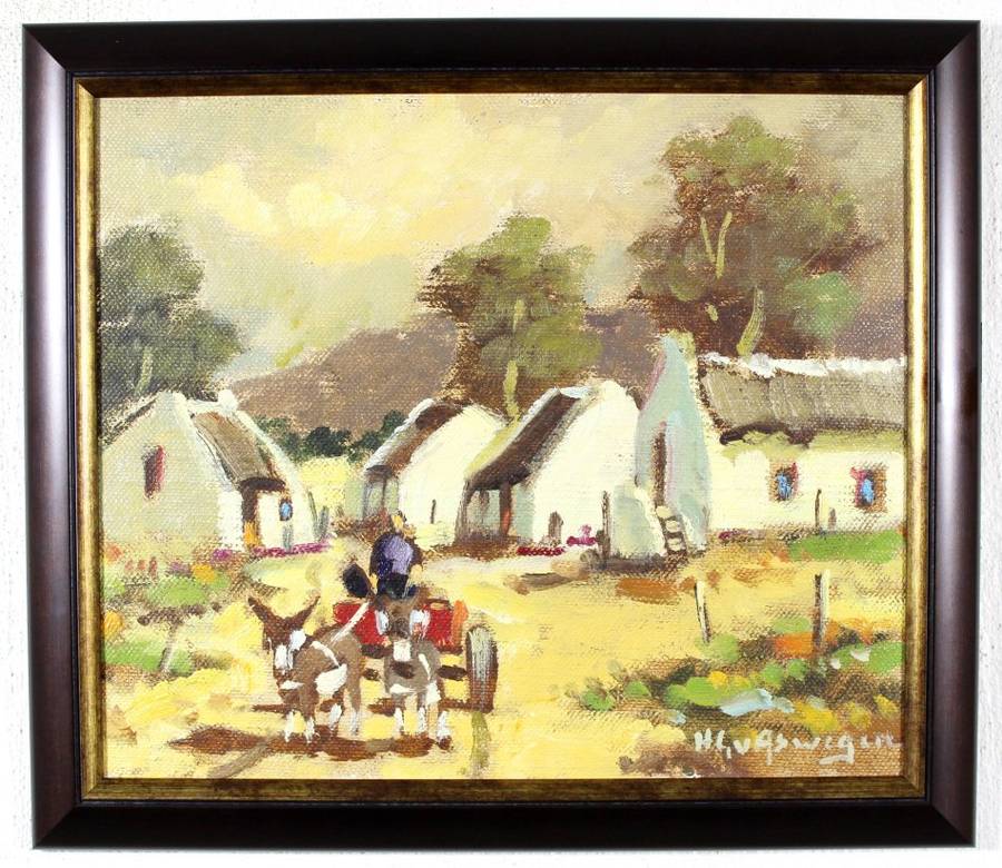 HG van Aswegen - Red donkey cart with Cape Dutch houses - A stunner! - Bid now!