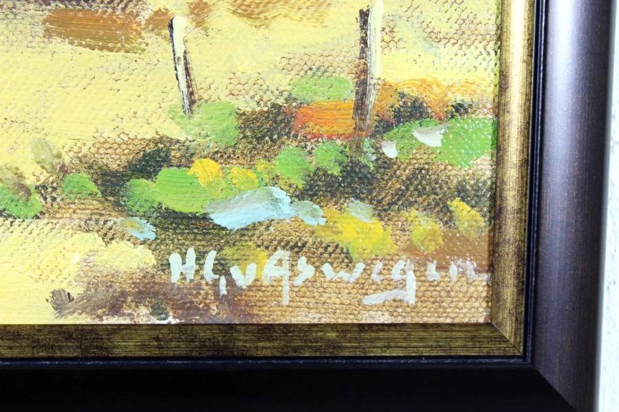 HG van Aswegen - Red donkey cart with Cape Dutch houses - A stunner! - Bid now!