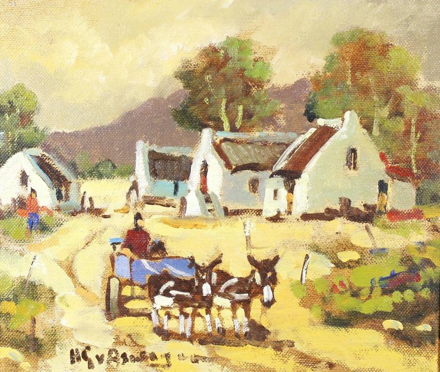 HG van Aswegen - Blue donkey cart with Cape Dutch houses - A stunner! - Bid now!