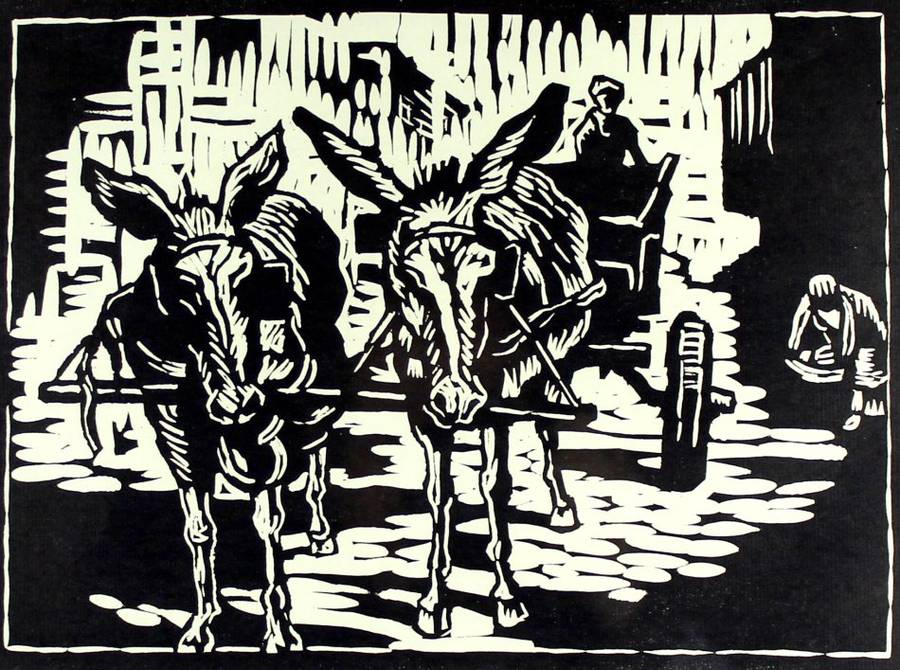 Gregoire Boonzaier - Donkey cart - A beautiful linocut! - Bid now!