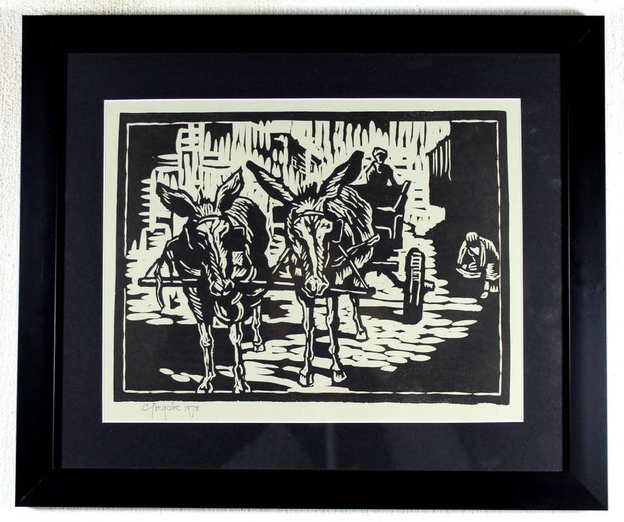Gregoire Boonzaier - Donkey cart - A beautiful linocut! - Bid now!