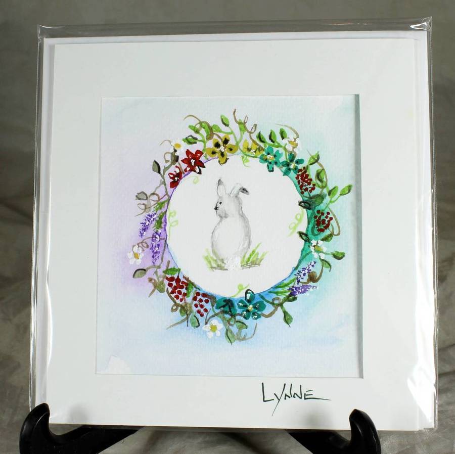 Lynne Jackson - Bunny with wreath - Watercolor greeting card