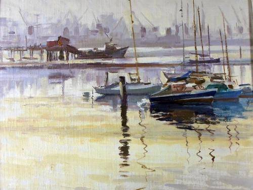 Boats in the harbor - A beautiful oil painting - Bid now!!