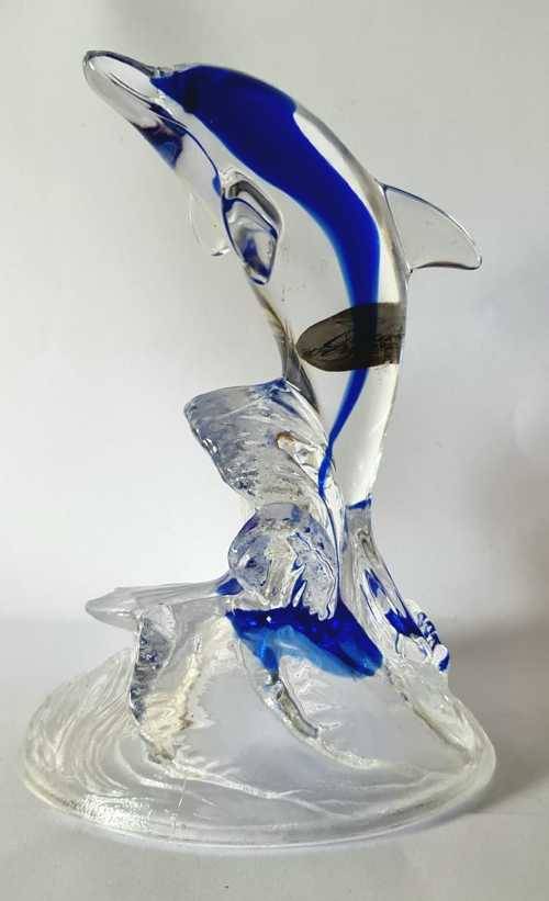Blue and clear french lead crystal dolphin figurine