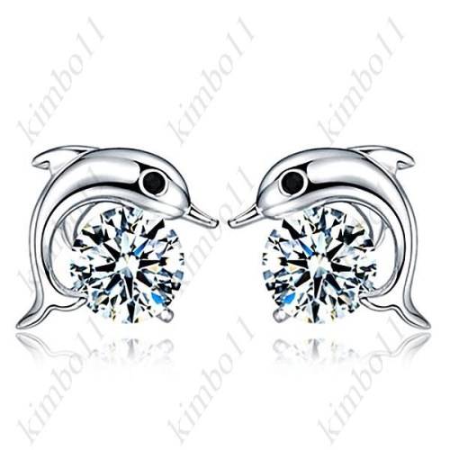 1 Pair of Elegant Rhinestone 925 Sterling Silver Dolphin Stud Earring