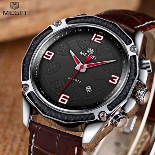Megir quartz fashion mens watch genuine leather strap and with enamel painting