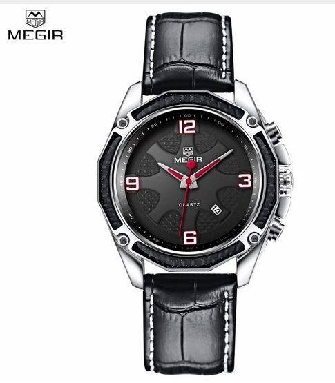 Megir quartz fashion mens watch genuine leather strap and with enamel painting