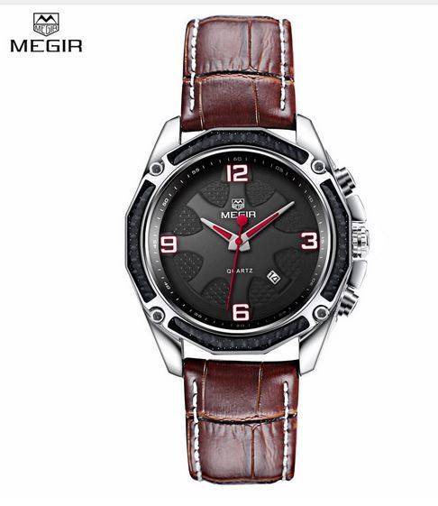 Megir quartz fashion mens watch genuine leather strap and with enamel painting