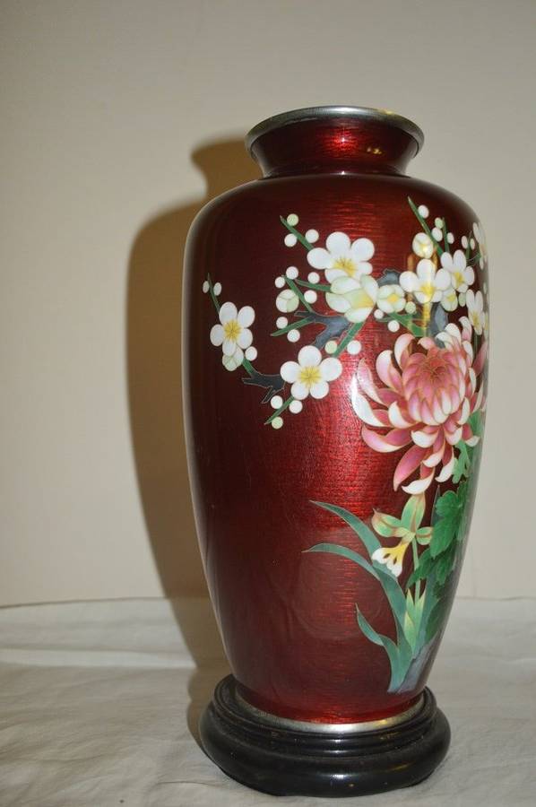 Japanese Cloisonné Vase with Ginbari Red  tall 10` 25cm