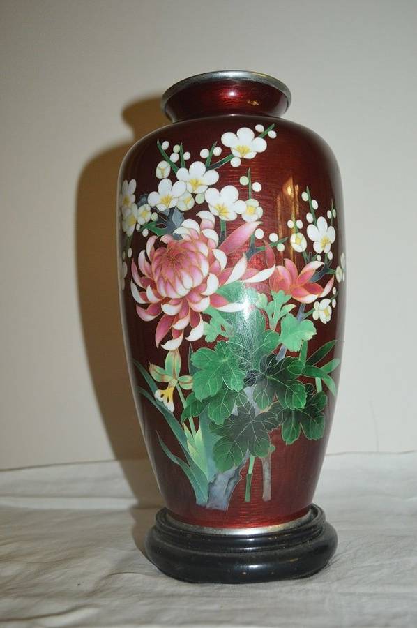 Japanese Cloisonné Vase with Ginbari Red  tall 10` 25cm