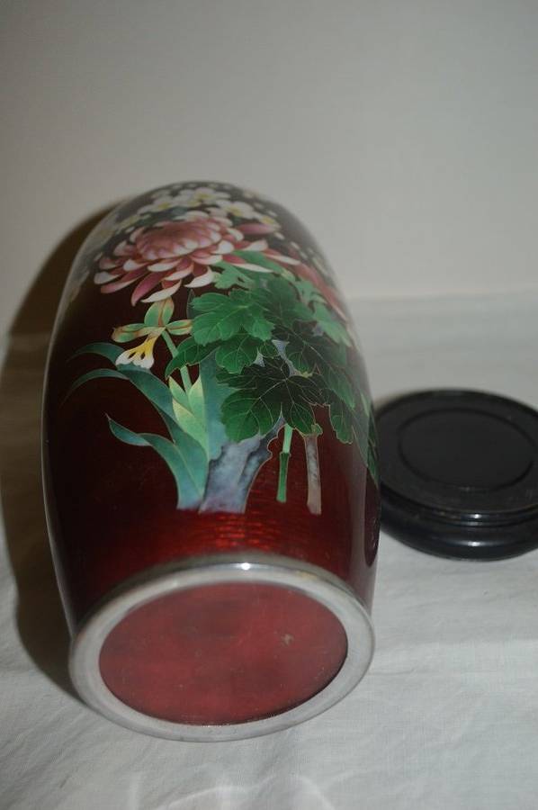 Japanese Cloisonné Vase with Ginbari Red  tall 10` 25cm