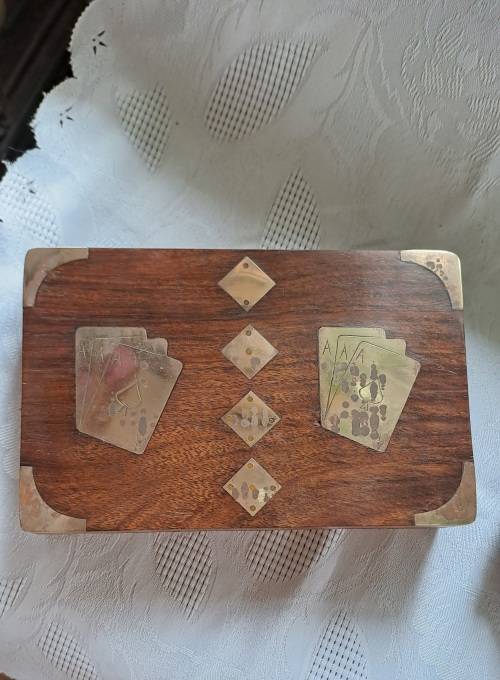 Vintage Rose wood playing card box with dice all original CHRISTMAS GIFT?