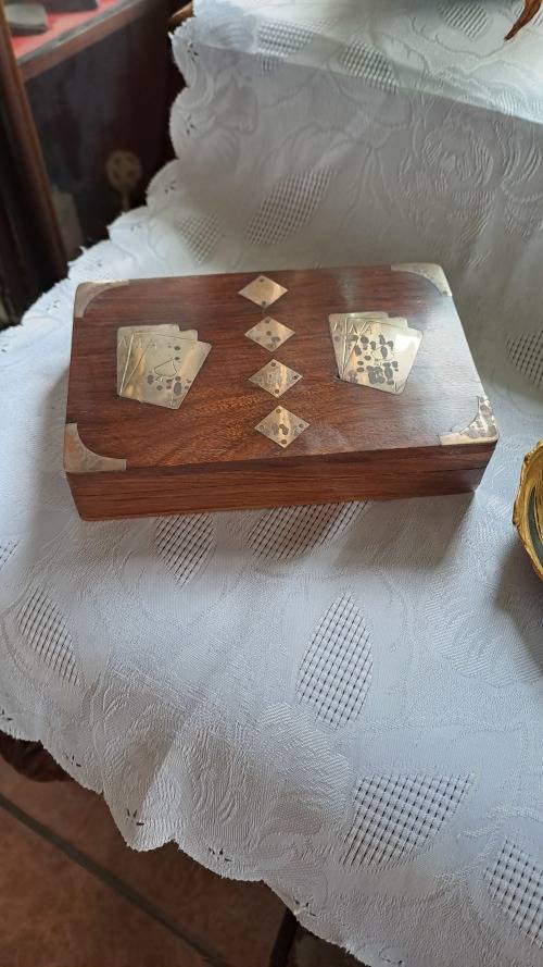 Vintage Rose wood playing card box with dice all original CHRISTMAS GIFT?