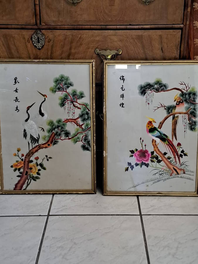 a pair of chines silk stitched Birds of Paradise