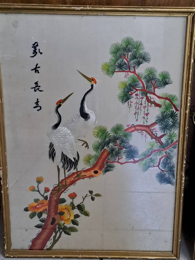 a pair of chines silk stitched Birds of Paradise