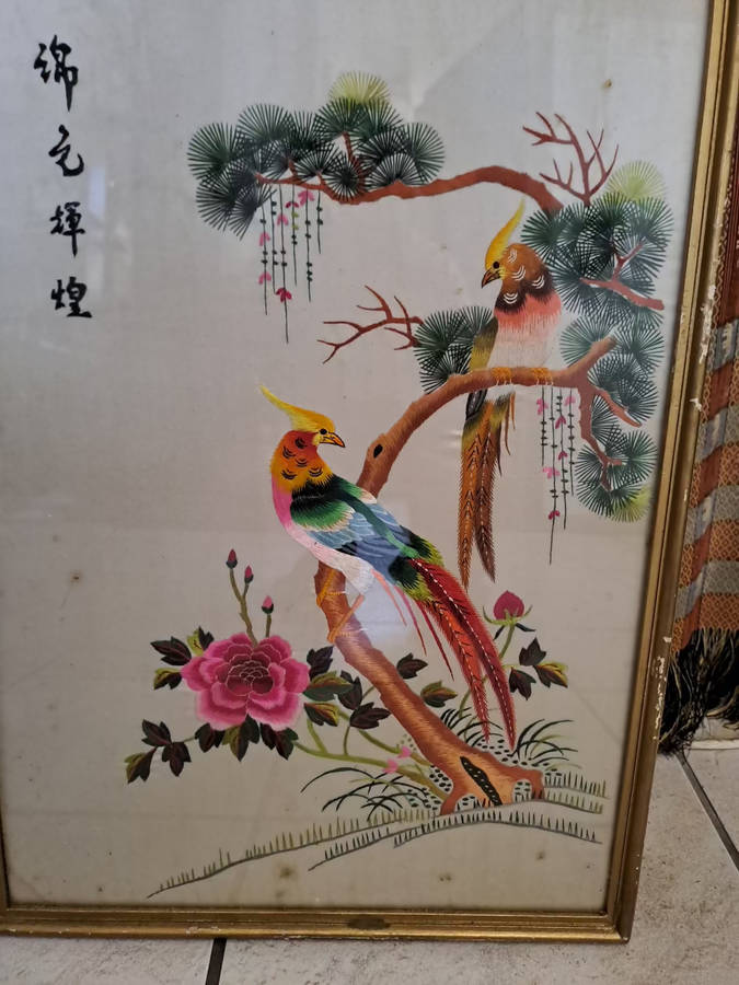 a pair of chines silk stitched Birds of Paradise