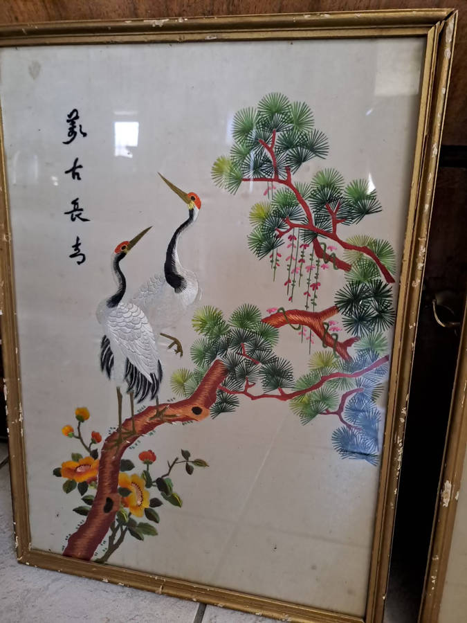 a pair of chines silk stitched Birds of Paradise