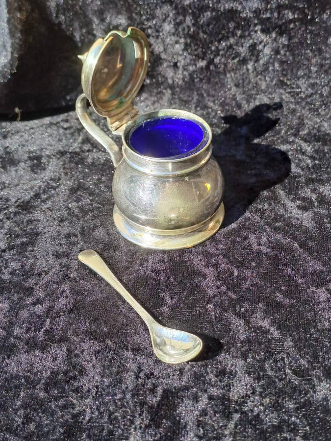 Epns salt pot with epns spoon height 6.5cm