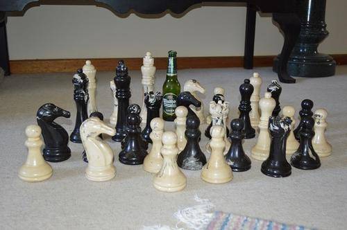 LARGE CHESS PIECES OLD MARBLED RESIN TYPE