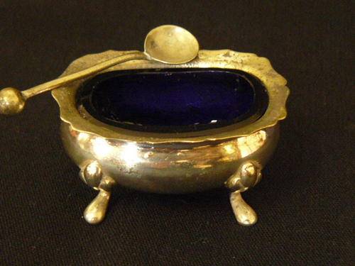VERY CUTE MUSTARD POT WITH SPOON AND ORIGINAL NAVY BLUE GLASS POT