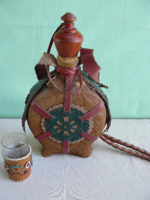 SPANISH HIDE SCHNAPS BOTTLE WITH TOT GLASS