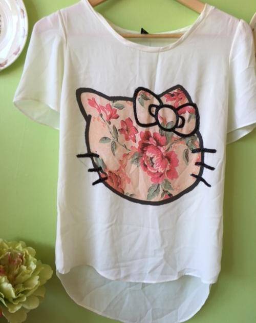Special Cool Comfortable Light Yellow  Floral Flower Hello Kitty Print Chiffon T-shirt Top
