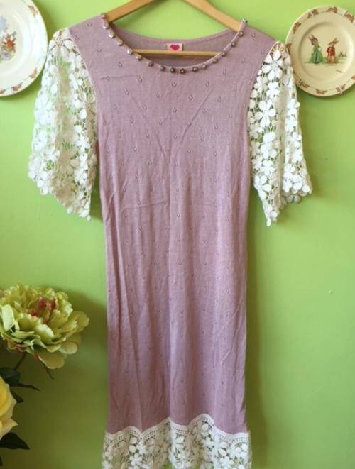 Ladies Slim Cut Stylish Rose Pink Hollow Flower Lace knitwear Dress With Little Diamond On  Collar