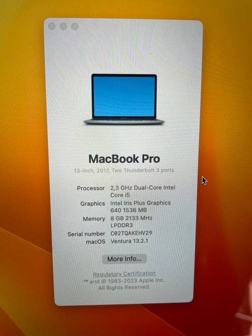 Apple Macbook Pro 13-inch 2017 Model Retina Display - Intel Core i5 - 8GB RAM - 128GB SSD - Preowned