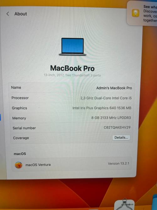 Apple Macbook Pro 13-inch 2017 Model Retina Display - Intel Core i5 - 8GB RAM - 128GB SSD - Preowned