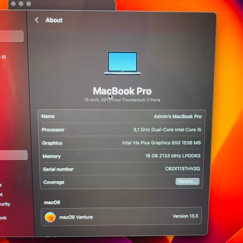2017 Apple Macbook Pro 13-inch Retina Display - Intel Core i5 - 16GB RAM - 256GB SSD Touchbar Sensor