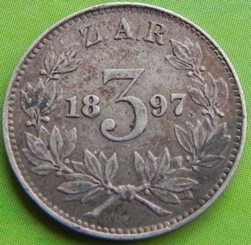 ZAR Kruger Tickey 3d - 1897 - Excellent!! Scarce Date!!