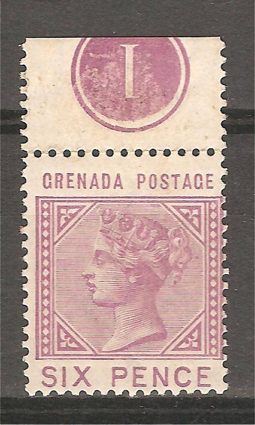 Grenada QV 6d hinged mint with plate No. INV. WMK.