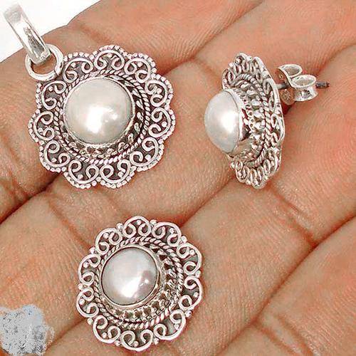 16.52CTS WHITE PEARL 925 STERLING SILVER EARRINGS PENDANT JEWELRY SET