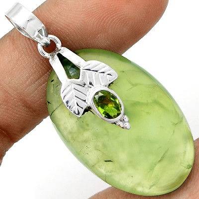 EXQUISITE PREHNITE AND PERIDOT STERLING SILVER PENDANT
