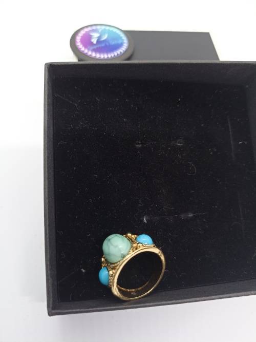 Ring : Turquoise (Aqua) 3 Stones, Gold plated, Size small - fits ring size K and half