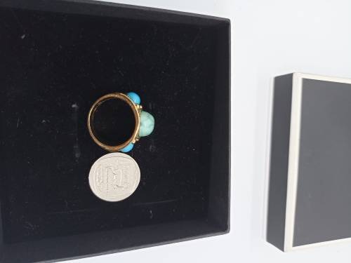 Ring : Turquoise (Aqua) 3 Stones, Gold plated, Size small - fits ring size K and half