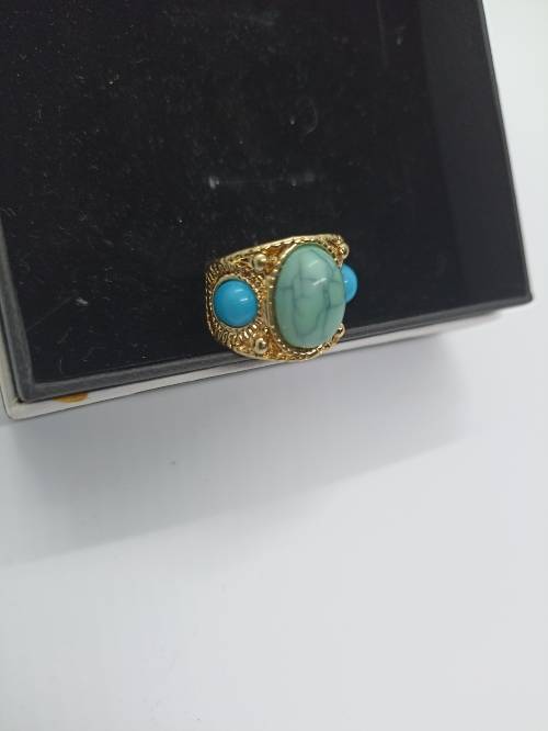 Ring : Turquoise (Aqua) 3 Stones, Gold plated, Size small - fits ring size K and half