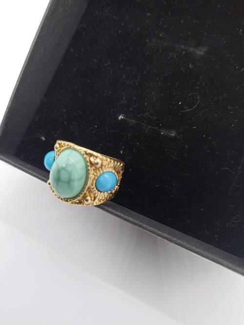 Ring : Turquoise (Aqua) 3 Stones, Gold plated, Size small - fits ring size K and half