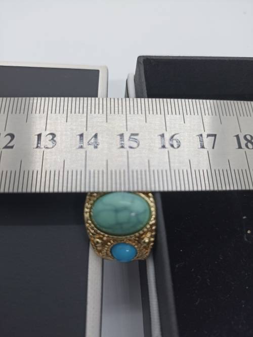 Ring : Turquoise (Aqua) 3 Stones, Gold plated, Size small - fits ring size K and half