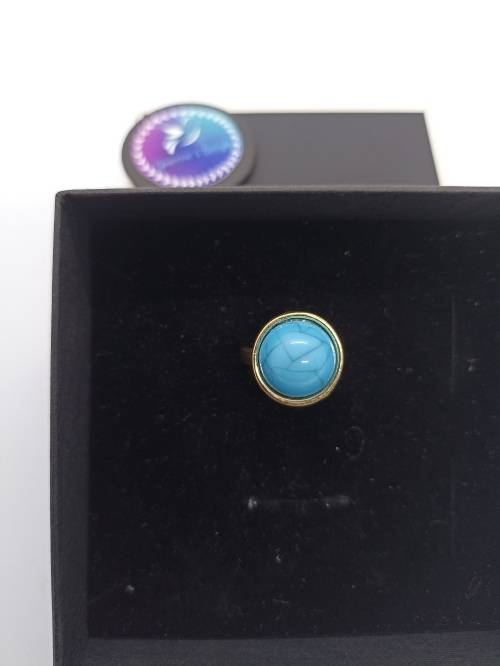 Ring : Turquoise (Aqua) Stone, Gold plated, Size small - fits ring size K and half