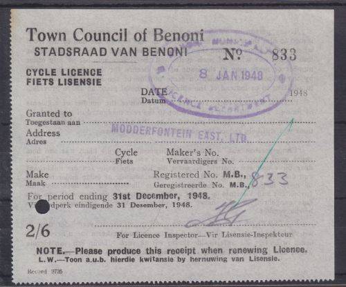 CYCLE LICENCE RECEIPT ++ 1948 ++ GRANTED TO "MODDERFONTEIN EAST LTD" ++ SEE SCAN BELOW