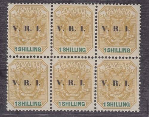 1900 ++ OVPT "V.R.I." ++ 1s OCHRE & GREEN ++ BLOCK OF 6 ++ MNH ++ C/V R450 ++ SACC 239